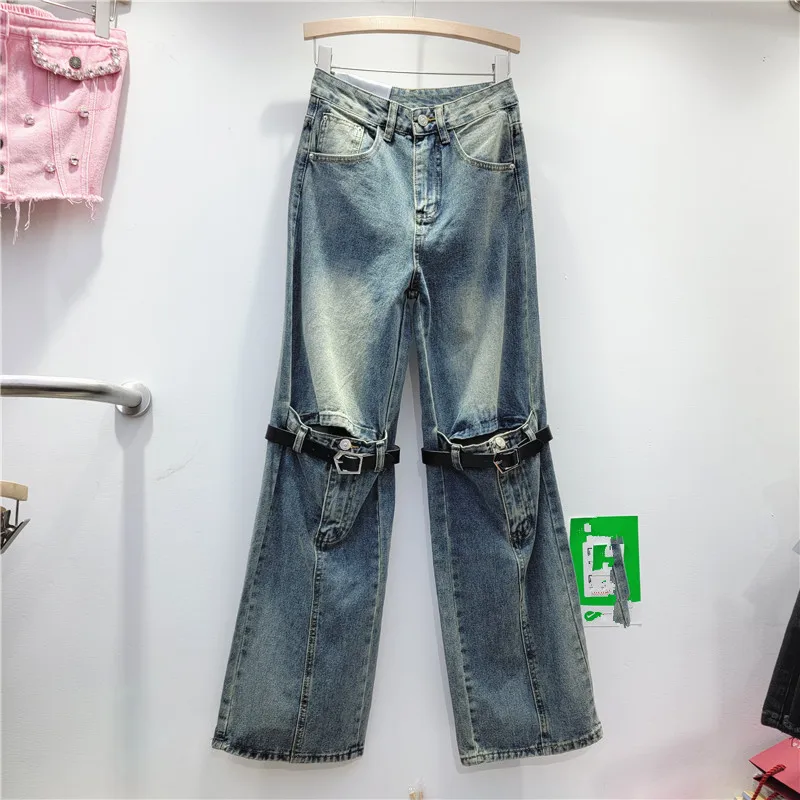 Retro Distressed Slightly Flared Jeans High Waist Three-Dimensional Belt Stitching Design Casual Pants 2023 Autumn New Trousers