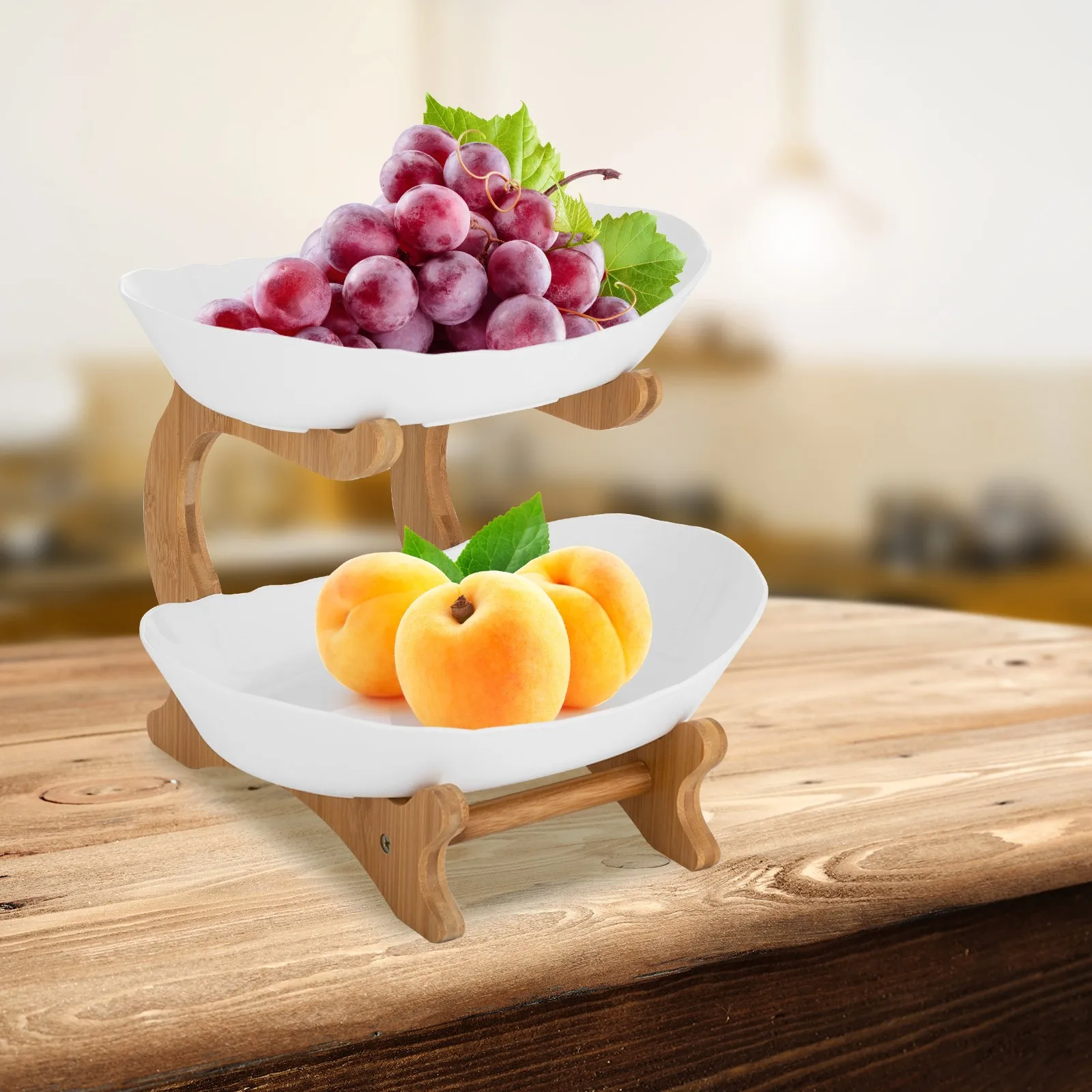 

Двухуровневая подставка для фруктов и закусок с бамбуковой рамой и пищевыми контейнерами из полипропилена для сервировки стола и вечеринок