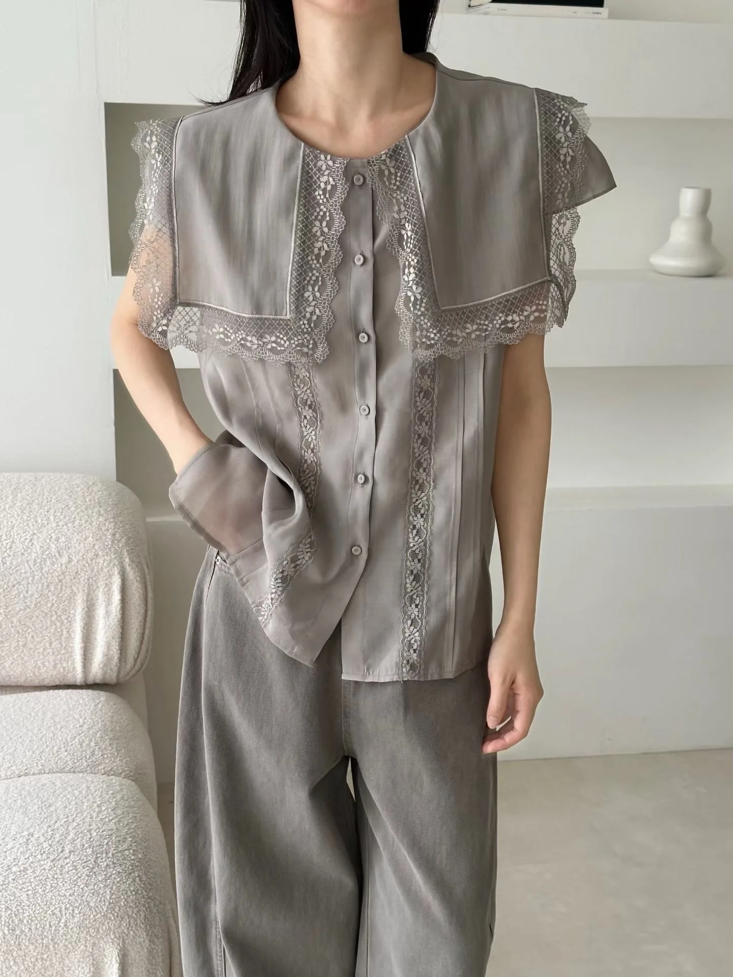 

Dongda Gate Women's Fashionable Lace Patchwork Shirt Vest Top Summer New Arrival Breathable Skin-Friendly Short Sleeve round ...