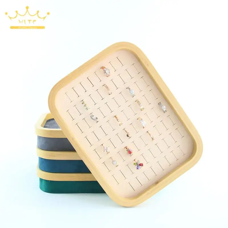 

76 Slots Ring Display Tray Bamboo Wood Jewelry Stand High Capacity Earring Plate for Jewelry Store Live Display Props