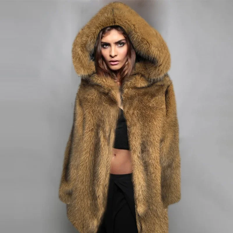 Brown Imitation Fur Coat New Wholesale European and American Fashion Medium Long Imitation Fox Hair Fashion Trend Fur Coat