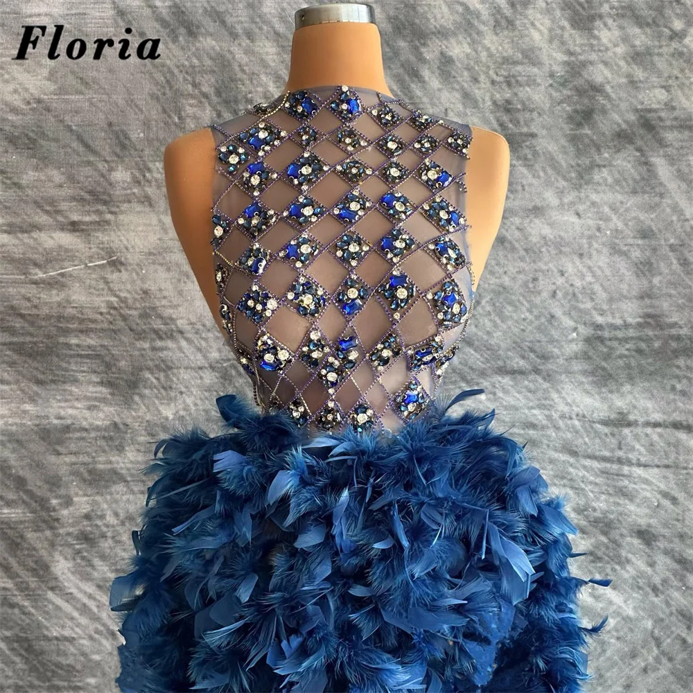 Navy Blue Feathers Skirt Women Beaded Neck Evening Dresses Customized Birthday Party Reception Gowns Robes De Soiree Prom Dress