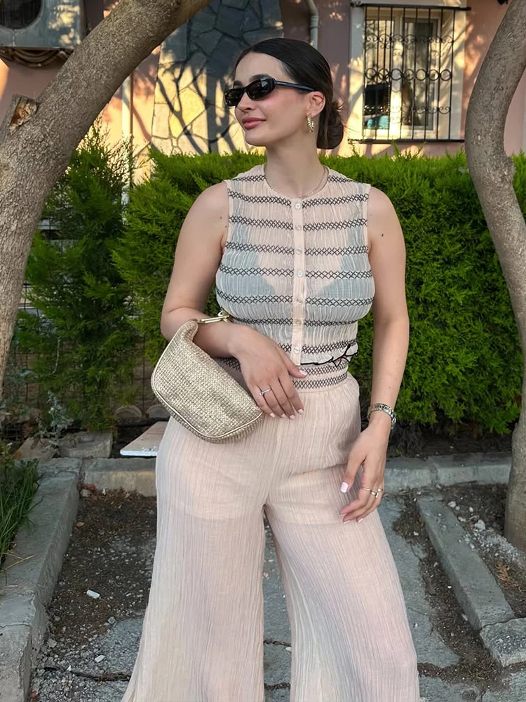 HH Women Pleated Vest Pants Two Piece Set Summer Fashion O-Neck Sleeveless Buttons Tops Elastic Waist Translucent Wide Leg Pants