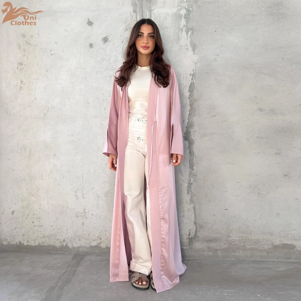 Uni Open Abaya For Muslim Woman Solid Satin Urban Casual Dubai Morocan Islamic Long Dresses Summer Robe 2024 Clothing