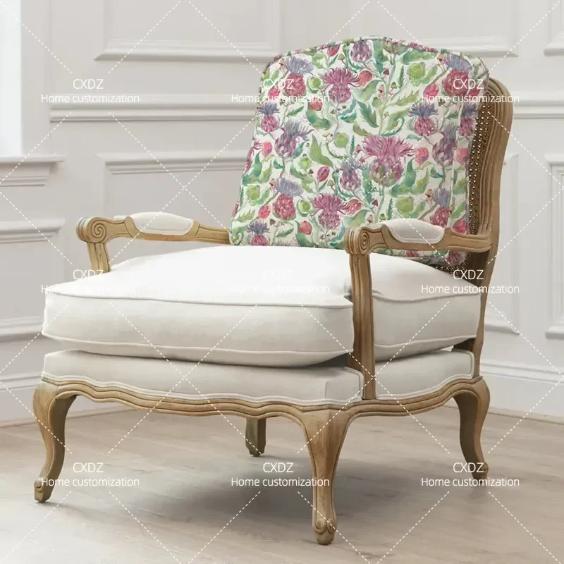 Country Rattan Sofa Chair Living Room Small Apartment Printed Single Chair Retro Balcony Solid Wood Leisure Chair