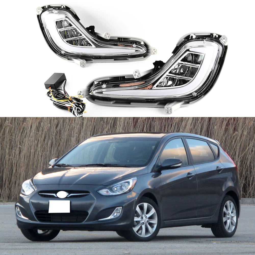 LED DRL Car Daytime Running Light Front Fog Lamps with Turn Signal For Hyundai Accent 2012-2017 Solaris 2010 2011 2012 2013 2014