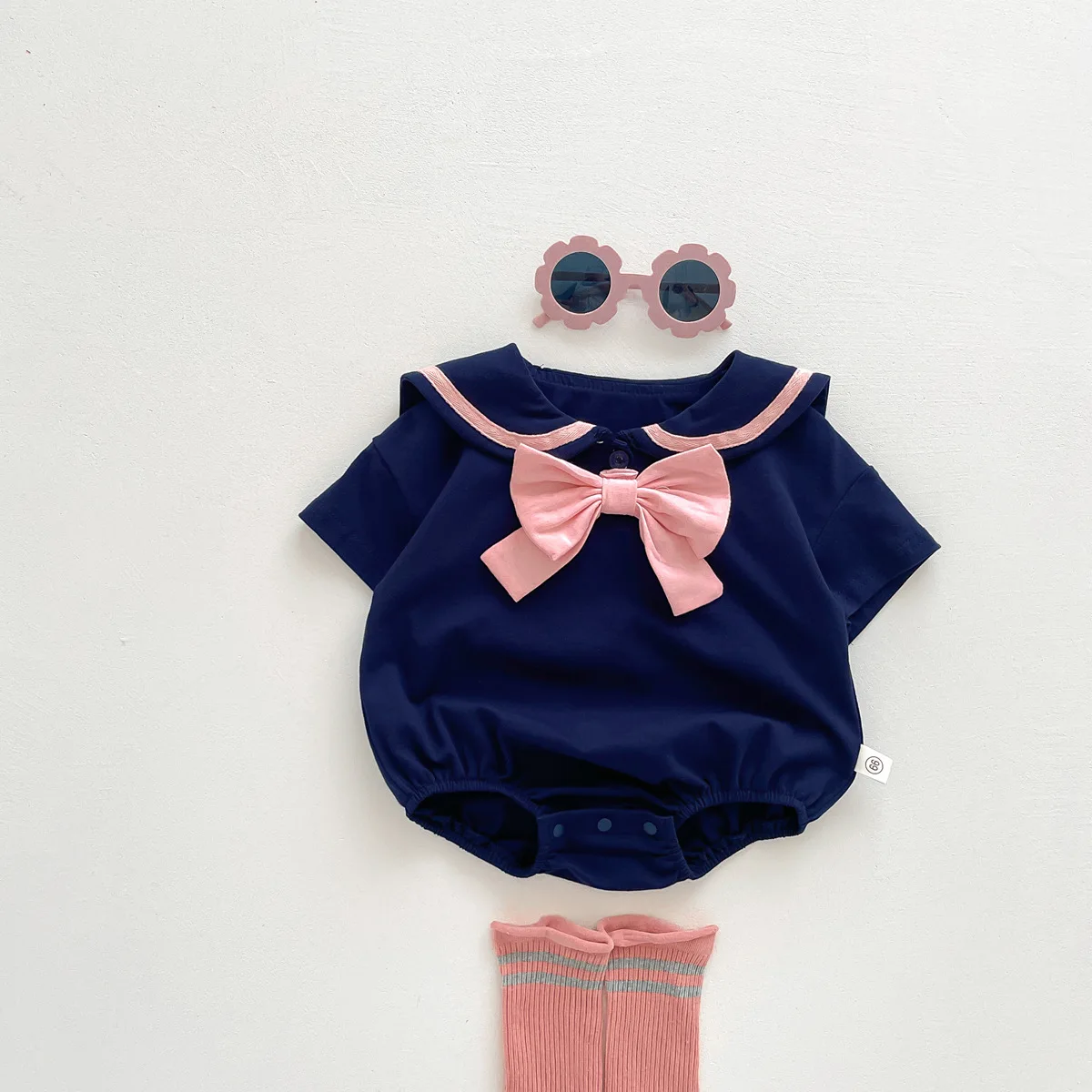 2023 New Arrival: Newborn Baby Girls Color-Block Sailor Collar BOW BodysuitsBow - Perfect Summer Outdoor Clothes for Infant&Kid