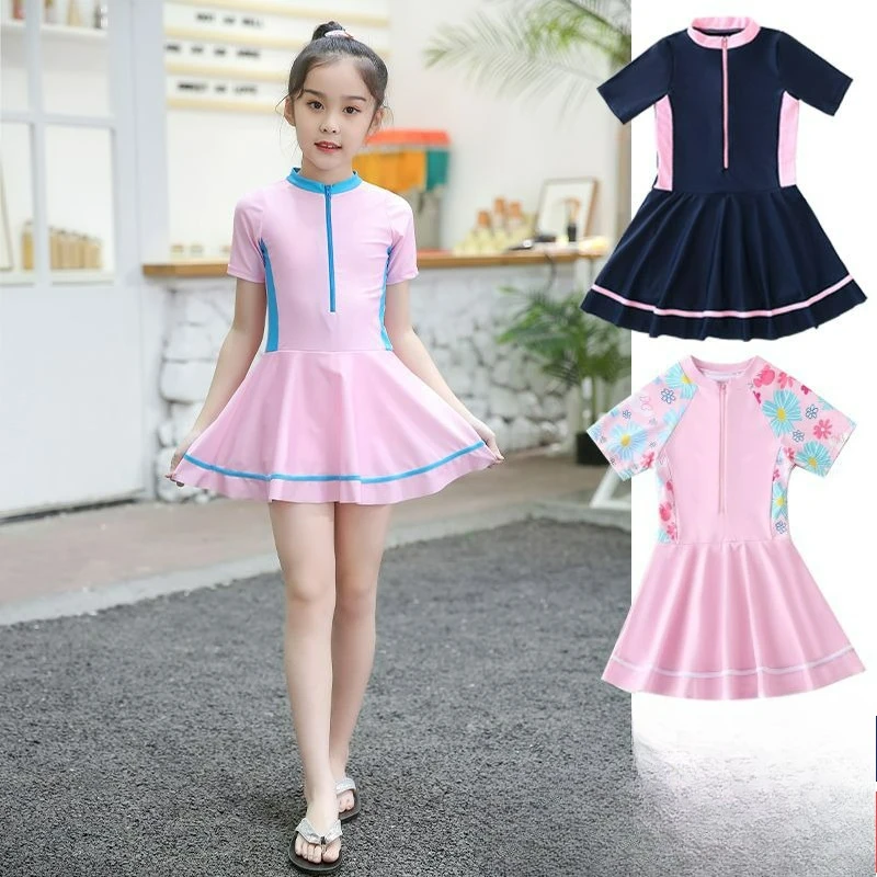 Traje de Baño para Niñas 2026, Nuevo Modelo Coreano de una Pieza en Color Sólido, Traje de Baño Conservador para Adolescentes y Estudiantes