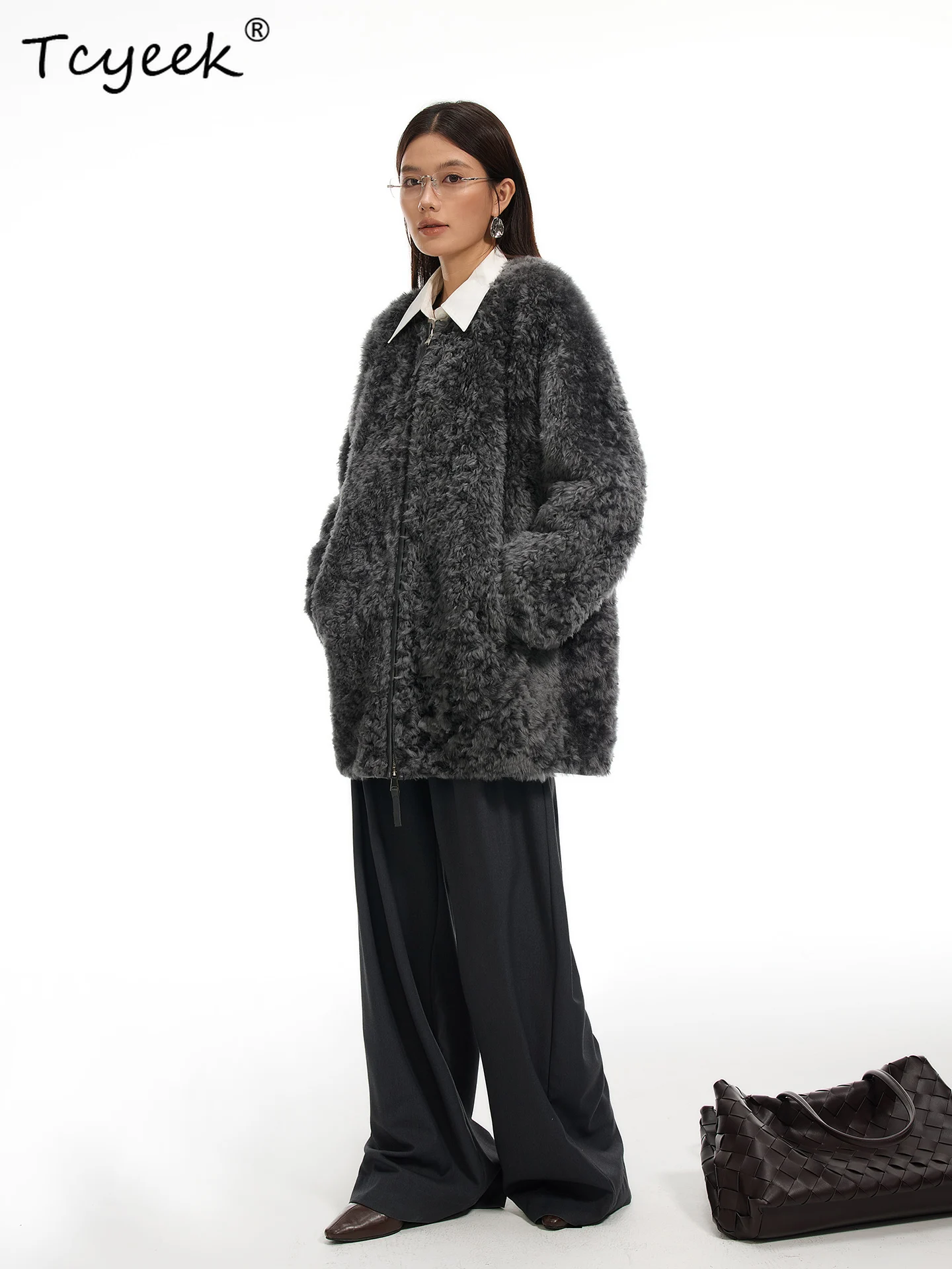 Tcyeek Genuine Wool Autumn Winter High End Trendy Solid Color Mid Length Women's Wool Shearling Fur Coat Fourrures Femme