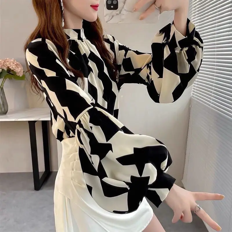 2024 New Summer Elegant Fashion Sweet Loose Casual Women\'s Clothing Chinese Style Floral Polyester Turtleneck Long Sleeve Tops