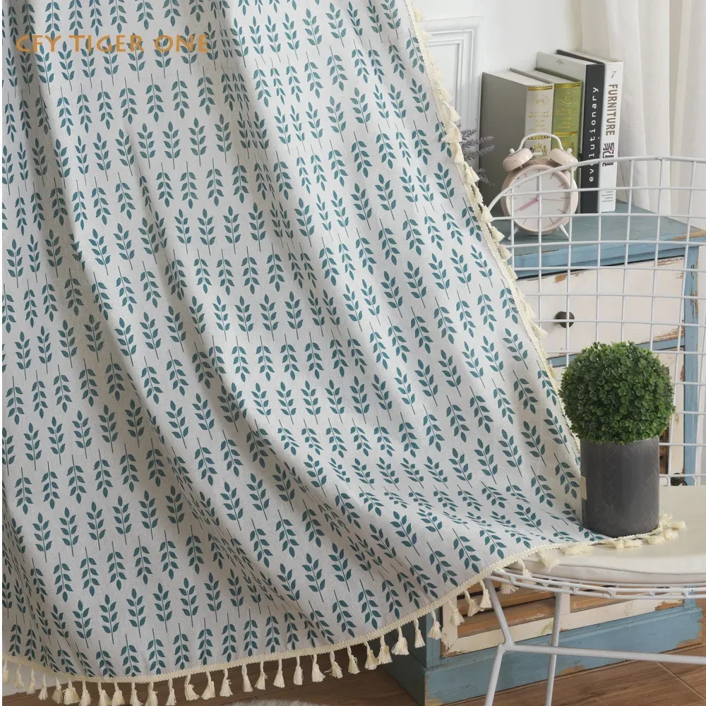 

Green Wheat Ear Print Window Curtain with Tassel Valance for The Luxury Living Room Easy Drape Curtains for Living Room