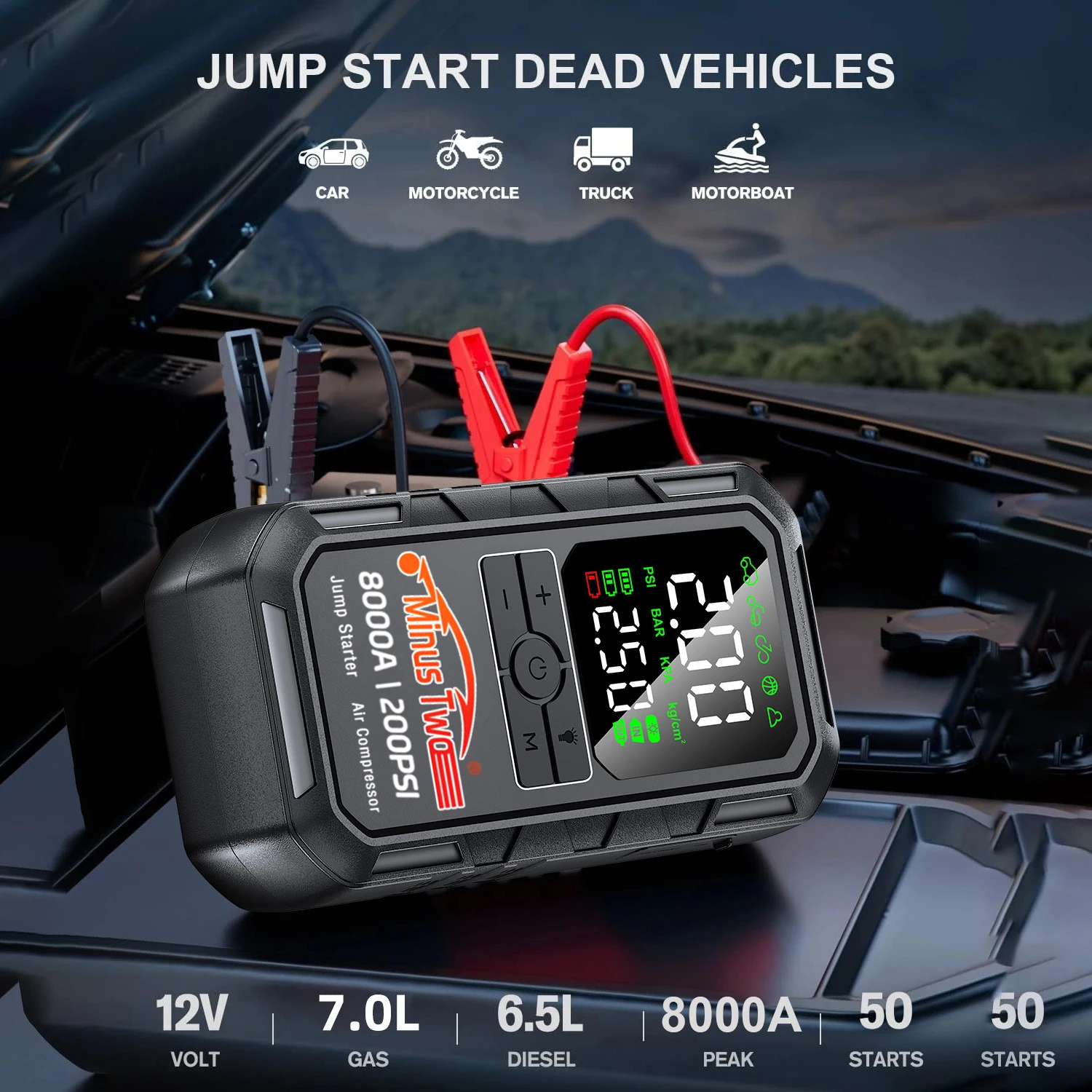 4-IN-1 Car Jump Starter with Air Compressor Peak 2000A Auto Battery Booster 150PSI Air Pump Portable Power Bank Tire Inflator - Image 3