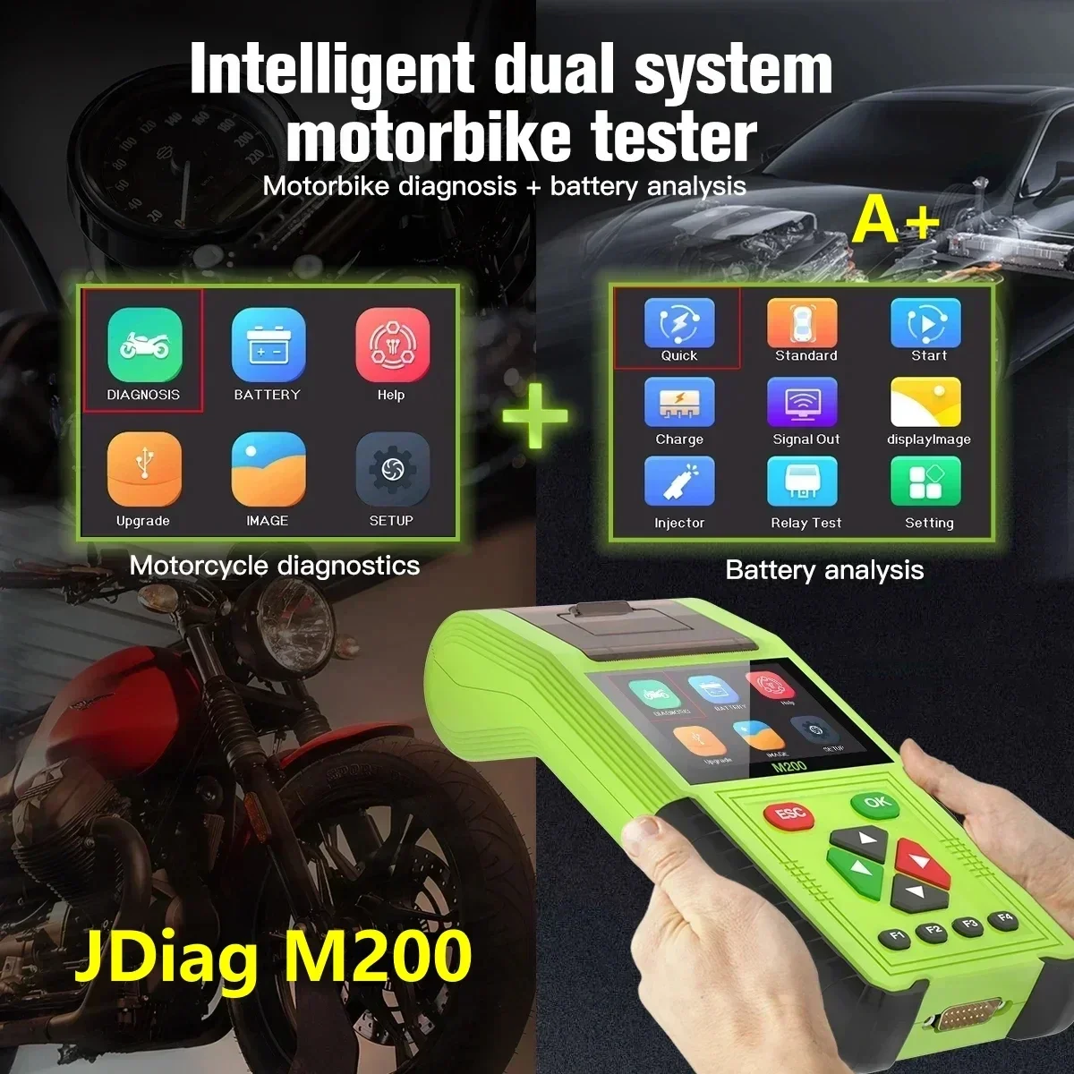 JDiag M200 Motorcycle Diagnostic OBD2 Scanner Moto Fault Code Reader Battery Tester Motoscan Tool for BMW Yamaha Kawasaki Honda