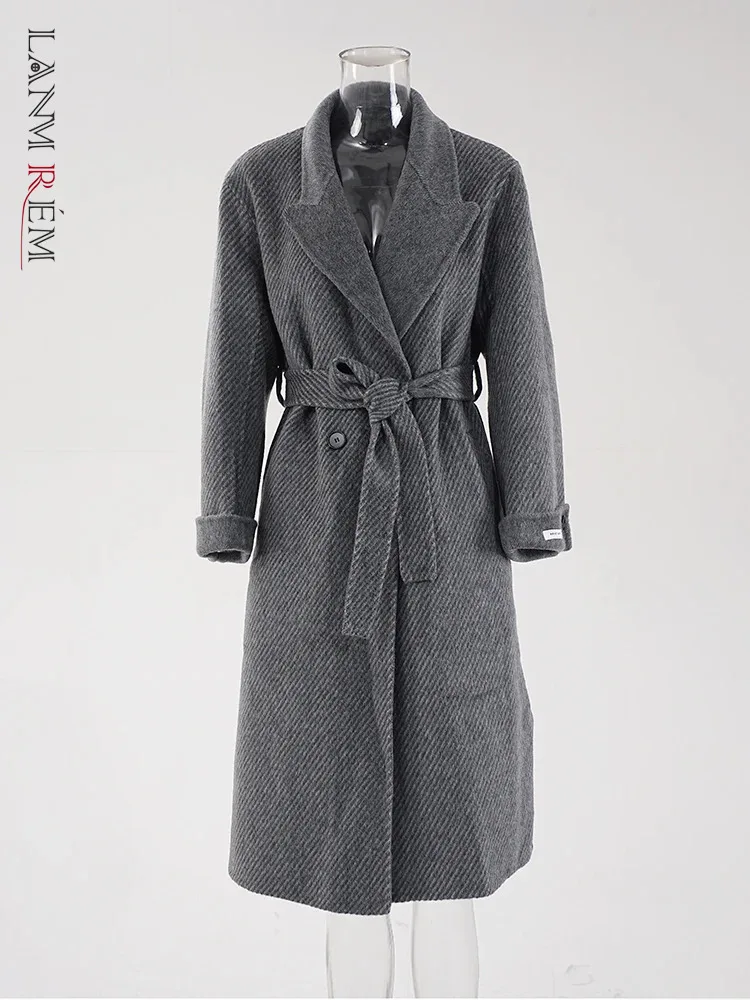 

LANMREM Office Lady Long Woolen Coat Women Double Breasted Belt Gathered Waist Solid Color Clothing 2024 Autumn New CPG1884