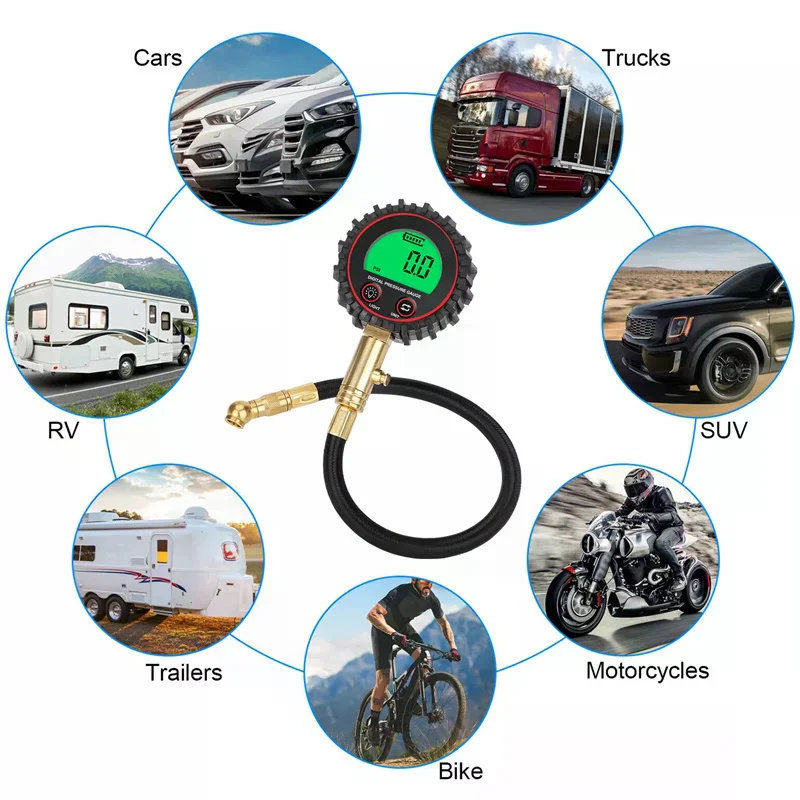 Digital Display Tire Air Pressure Inflator Gauges LED Backlight Vehicle Tester Inflation Monitoring Manometros With Hose