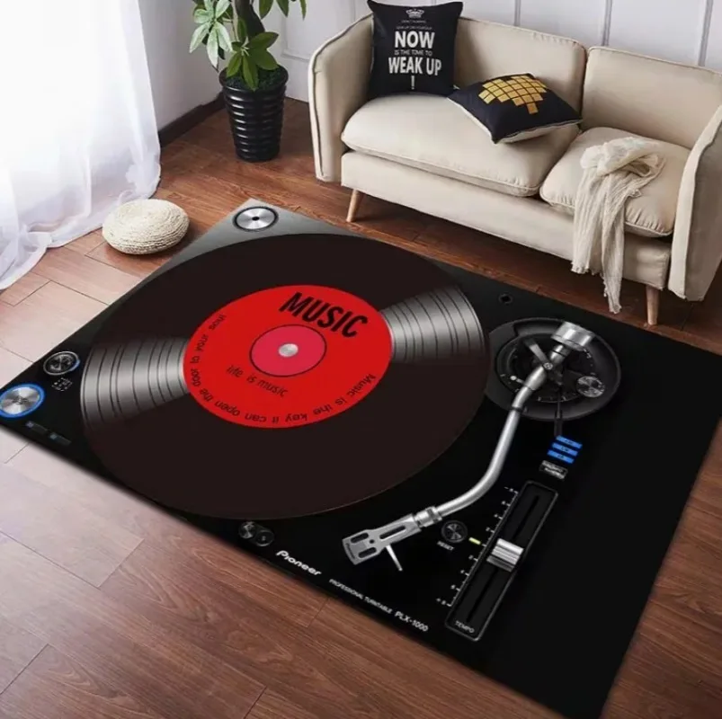 Retro Vinyl Record Player Design Anti Slip Pad Machine Washable Floor Mat Suitable Living Room Bedroom Office Carpet
