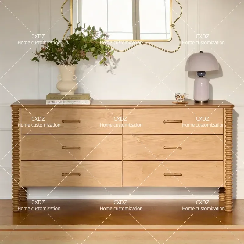 American Light Luxury Solid Wood Six Drawer Chest Medium Antique Entryway Side Cabinet Bedroom Nightstand French Retro Carved