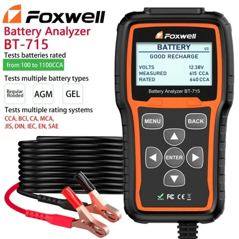 Foxwell BT-715 Car Battery Analyzer 12V & 24V AGM / EFB Flat Plate Battery Tester BT715 Multi-Language Replaced Foxwell BT-705