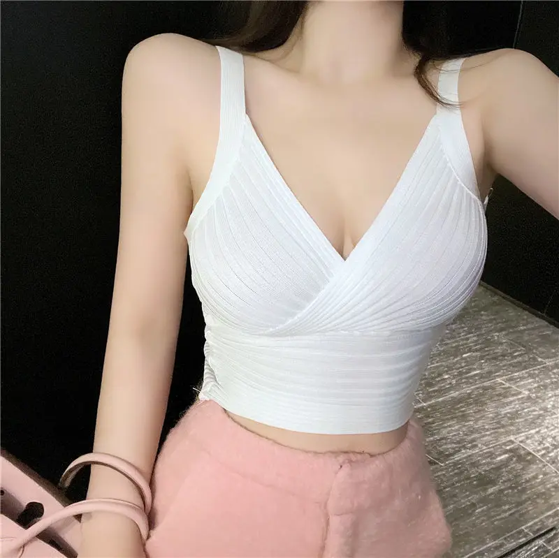 APIPEE Summer Sweater Women Pull Femme Low Cut Sexy Knitted Vest T-shirt Deep V-neck Cropped Top Elastic Tank Top T Shirt