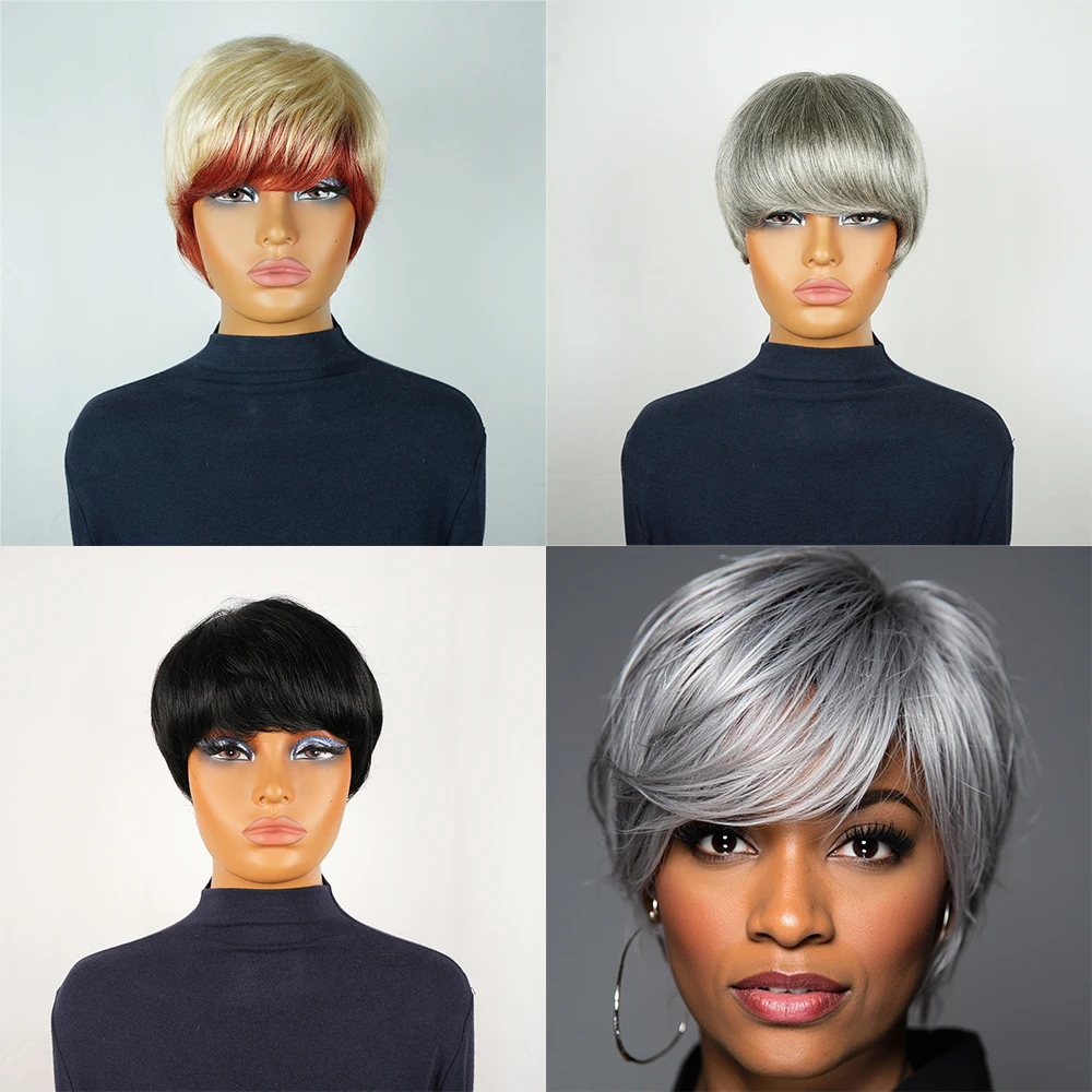 باروكات شعر بشري مفرود قصير ملون أحمر أشقر برازيلي شعر ريمي باروكة بطبقات مع غرة للنساء مصنوعة آليًا مسبقًا