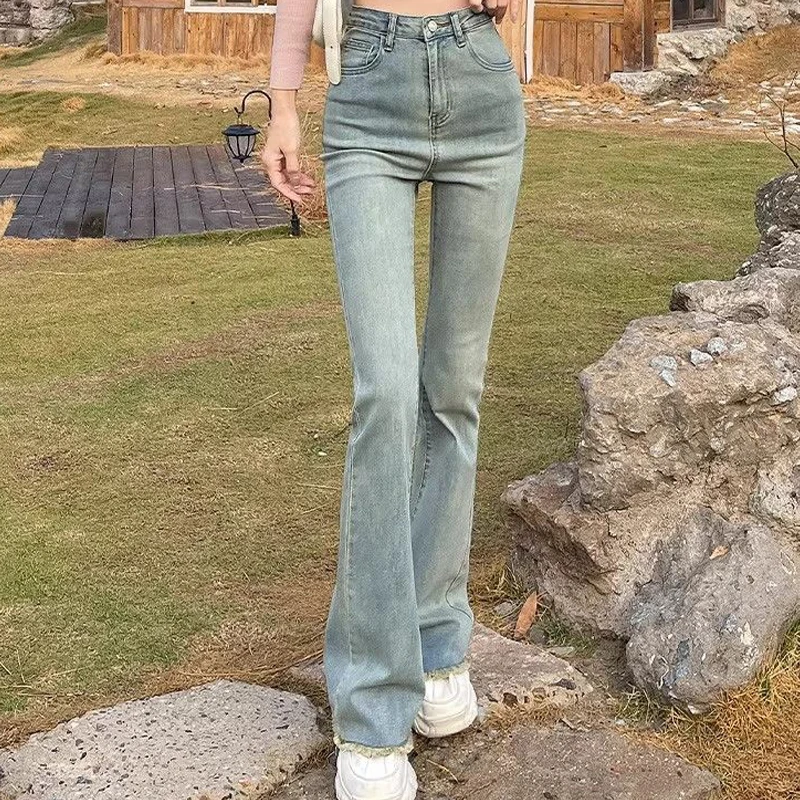 

Women Vintage High Street Bell Bottom Jeans Lady Sexy Slim Fit Denim Flare Pants Deep Blue Light Blue Black Trousers