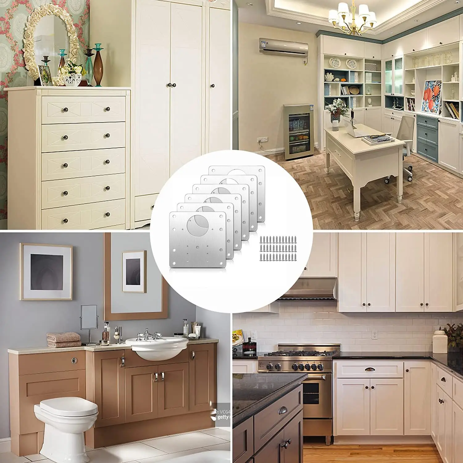 

A93E-6 Pcs Cabinet Hinge Repair Plate Kit With Screws, Stainless Steel Concealed Cupboard Door Hinge Repair Brackets