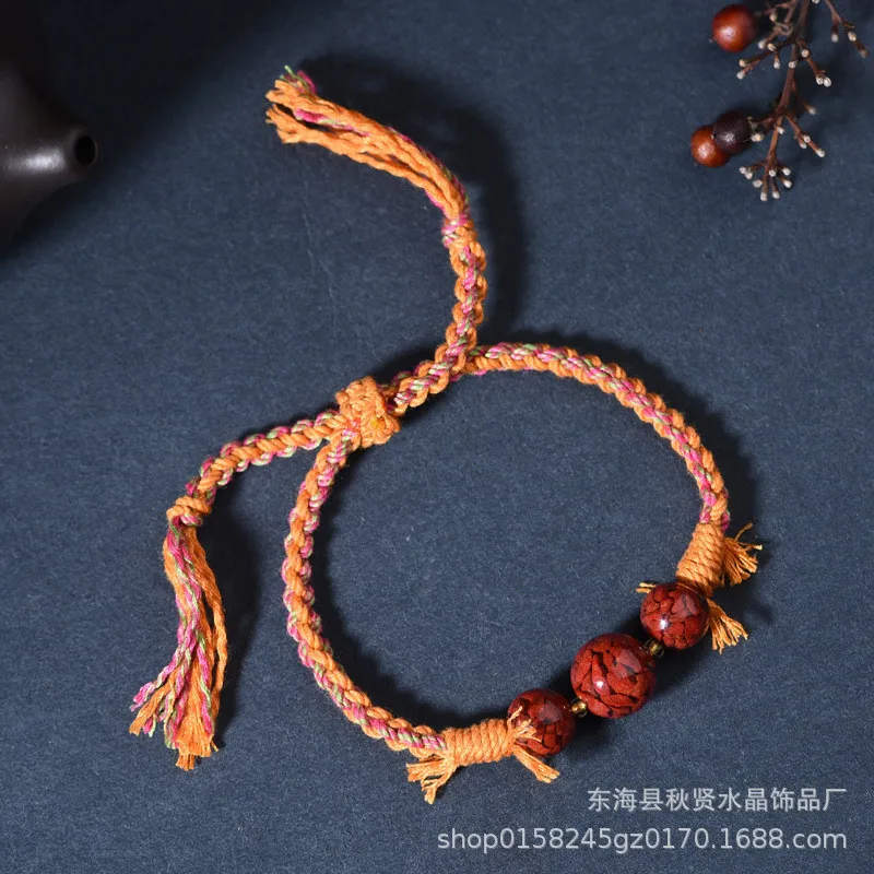 Natural Cinnabar Crystal Sand Women's Hand-Woven Tibetan Hand Rub Cotton String Ethnic Style Simple Retro Carrying Strap Bracele