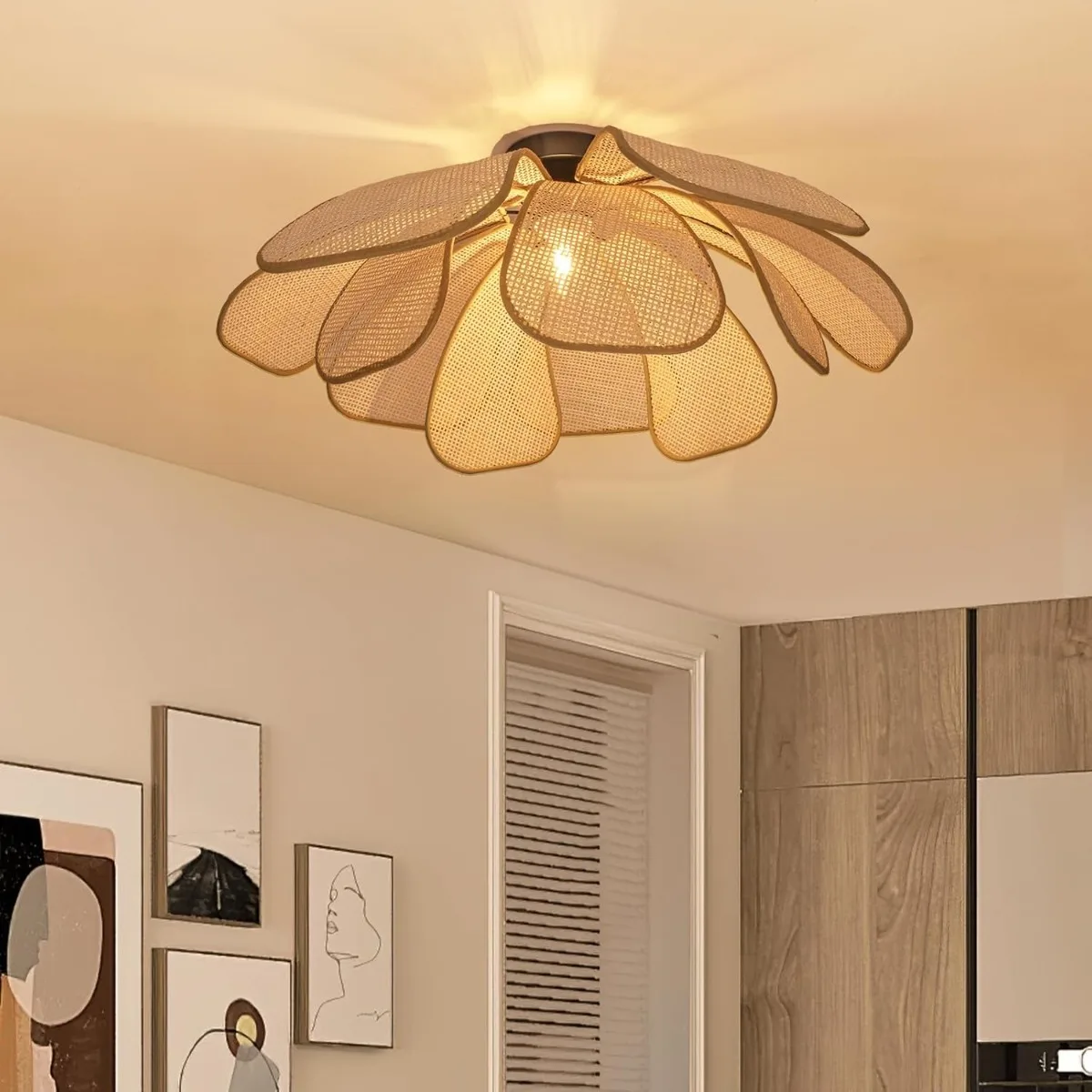 

JOYINLED подвесной светильник из ротанга с лепестками цветов, бамбуковая люстра ручной работы в стиле бохо для столовой, кухни, острова, гостиной, спальни