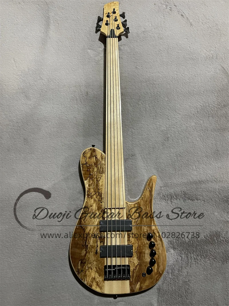 5 Strings Lessfrets Bass Guitar Fode Bass Maple Neck Though ASH Wood Body Burl Maple Top 24 Frets Active Battery