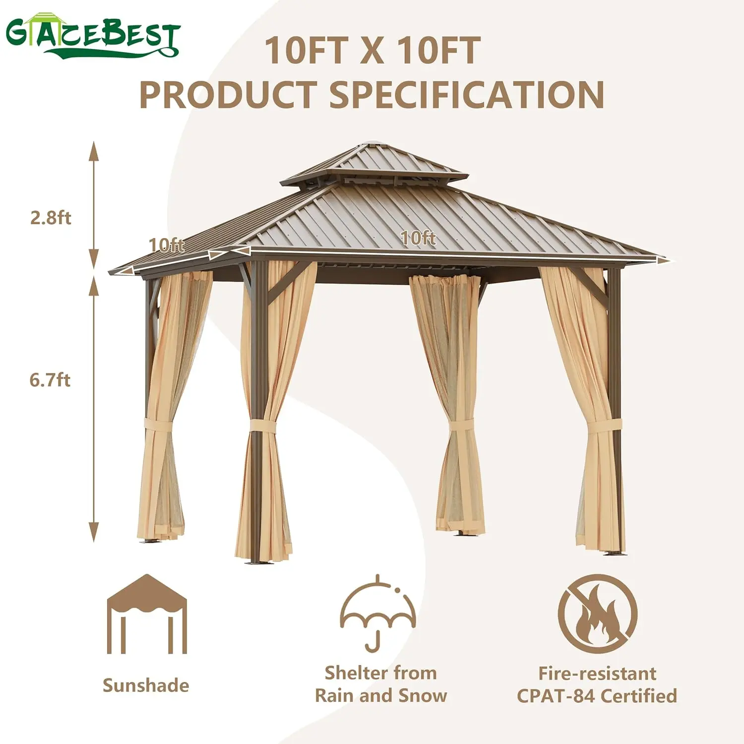 10x10 Hardtop Aluminum Gazebo with Galvanized Steel Roof 6