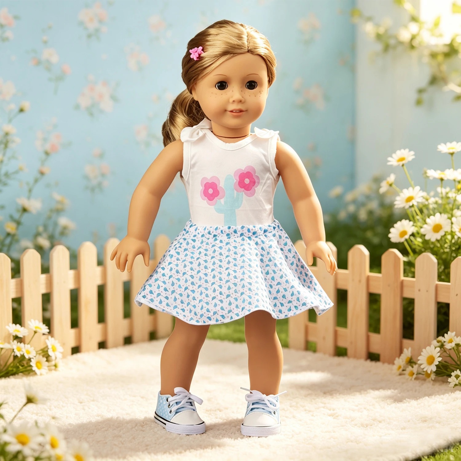 Cute Cartoon Cactus Print Doll Top Skirt Set Polka Dot Canvas Sneakers Fashion Accessories for 18" American & OG Girl Dolls Toy - view 4