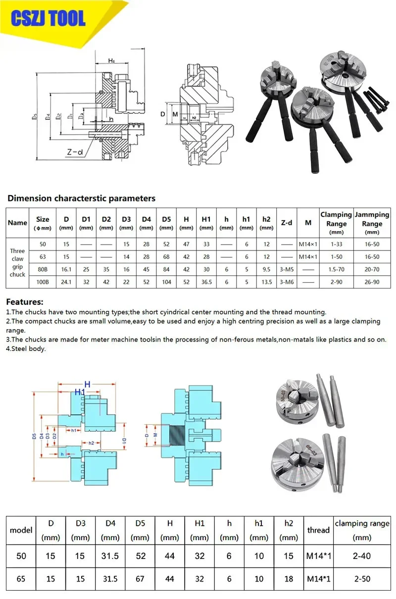 K01-50 Lathe Chuck Three Jaw M14*1 Connecting Rod for K01-50/63/80/100 Self-Centering Mini DIY Metal Wood Lathe Tools