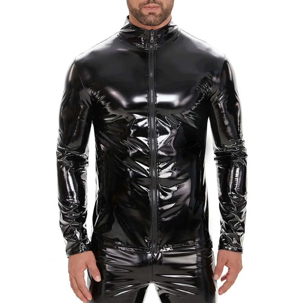 

Sexy Faux Leather Jacket Men's Faux Leather Party Nightclub Jacket with Stand Collar Zipper Closure Smooth Glossy for Night