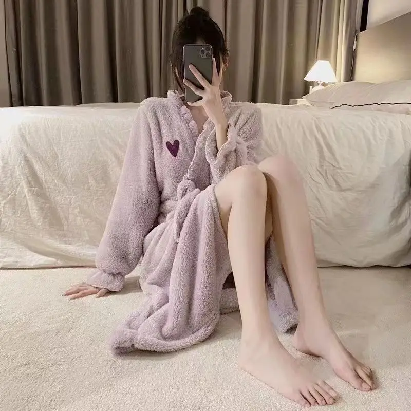 Coral Fleece Robe for Women Sleepwear Winter Nightdress Night Wears Warm Pajama One Piece Nightgown Hooded Sleeping Homewear