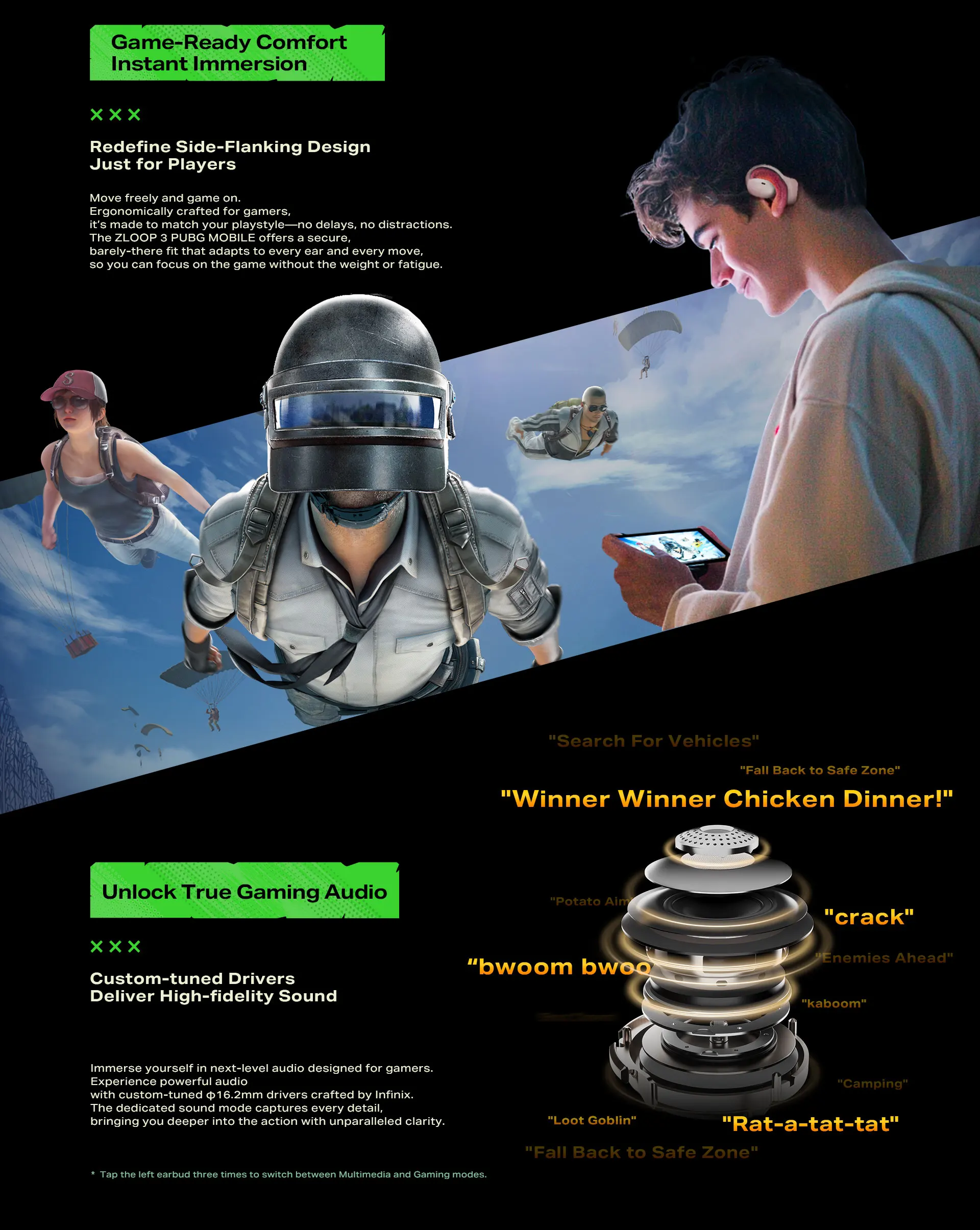 سماعات أذن Infinix ZLOOP 3 للألعاب المفتوحة لـ PUBG Bluetooth 5.3 45ms الكمون المنخفض 30H عمر البطارية AI ENC إلغاء الضوضاء