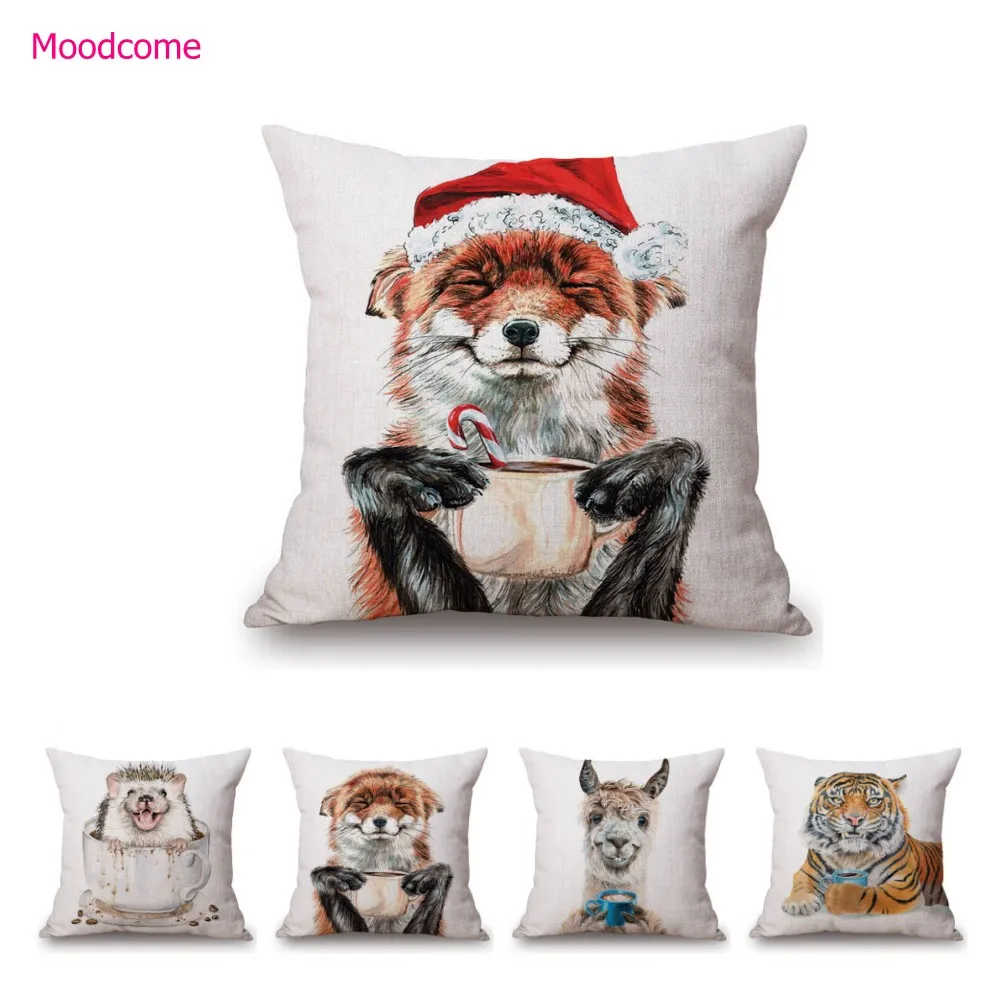 Cute Animals Dog Alpaca Racoon Owl Morning Tea Coffee Greeting Funny Art Home Decoration Pillow Case Linen Sofa Cushion Cover
