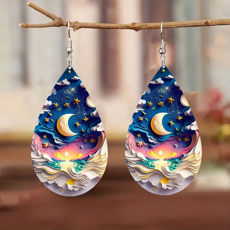 

Moon Star Landscape Pattern Earrings