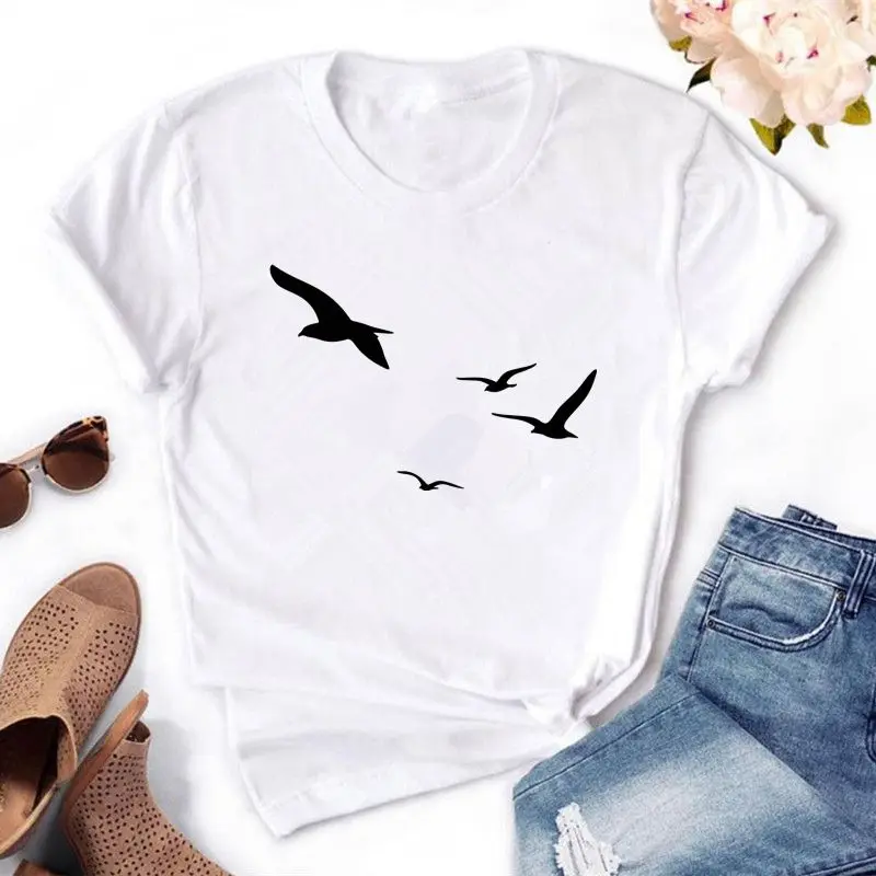 Seagull Graphics Print Women t shirt Summer Casual Short Sleeve O-Neck Basic Tops Tees Drop Ship