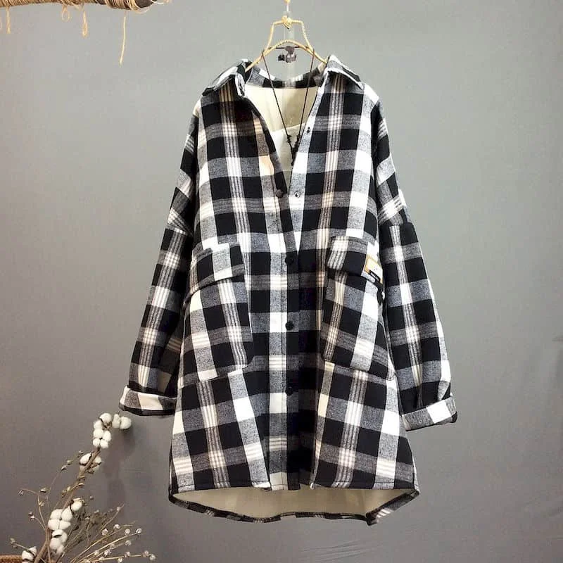 Brushed Shirts for Women Vintage Oversized Jackets Long Sleeve Plaid Plush Thickened Mid Length Blouse Korean Style Women Tops