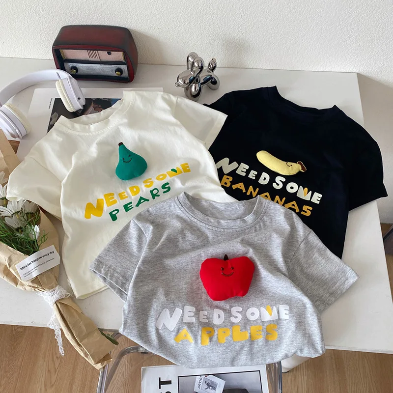 Summer 2025 Pure Cotton Childrens Short Sleeved T-shirt Fun Cartoon Three-dimensional Fruit Decoration Boys And Girls Tees