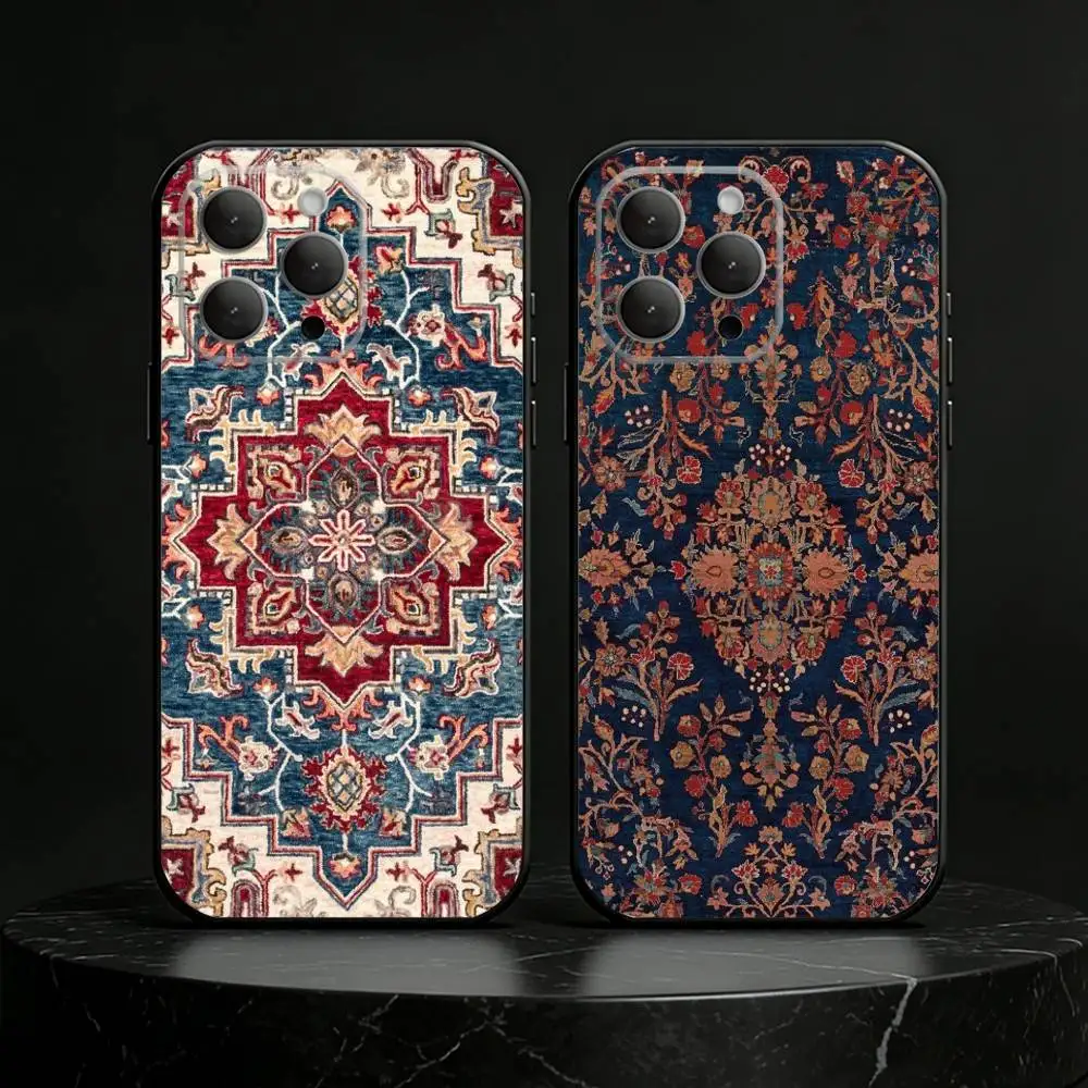 

Persian Carpet Floral Pattern Phone Case For iPhone 17,16,15,14,13,12,11 Plus,Pro,Max,Mini Silicone black Soft Cover