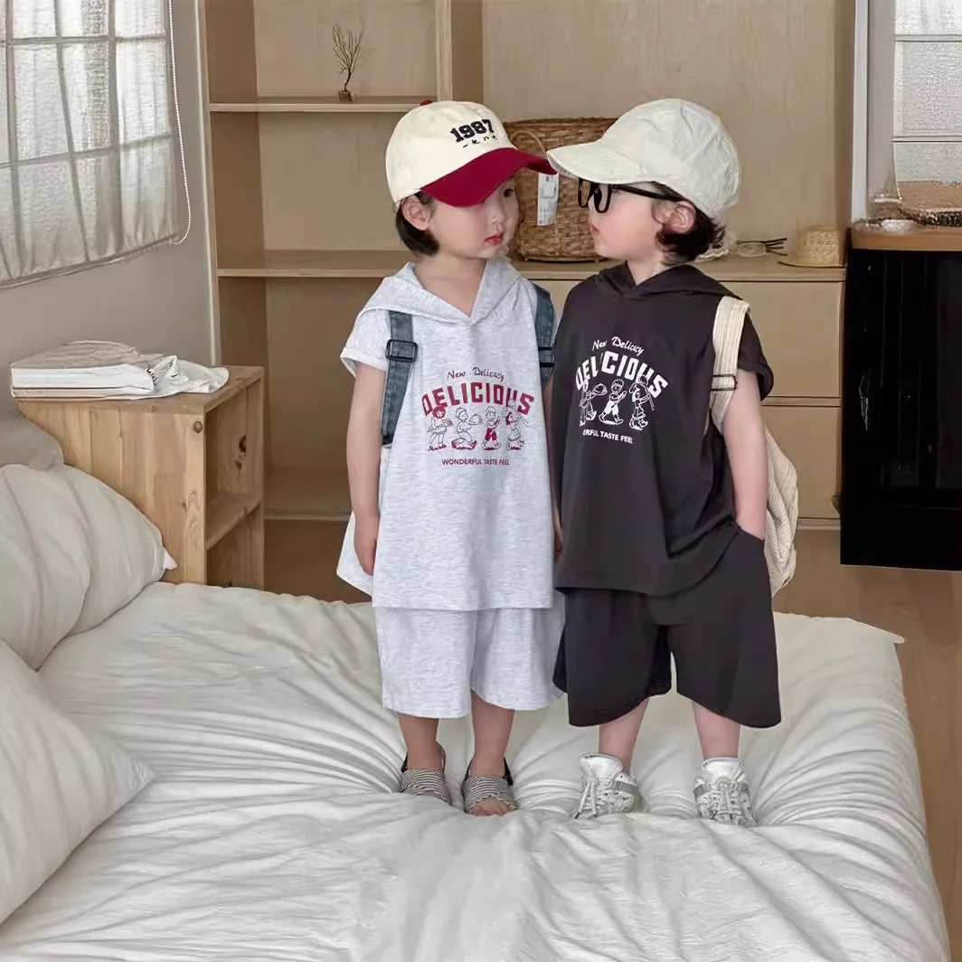 Summer Children Siblings Attire Muslin Letter Kid Baby Girl Sleeveless Hoodies Suit Solid Cool Shorts Outfit Brother Sister Look