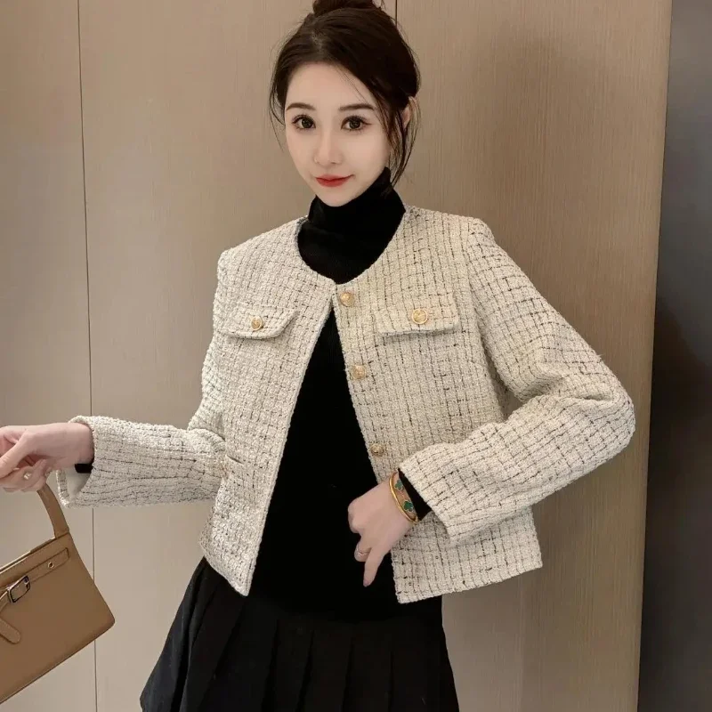 Splicing New In Women's Wool & Blends Coat Round Neck Korean Style Clothing Ladies Jackets Elegant Hot High Quality Luxury Cheap