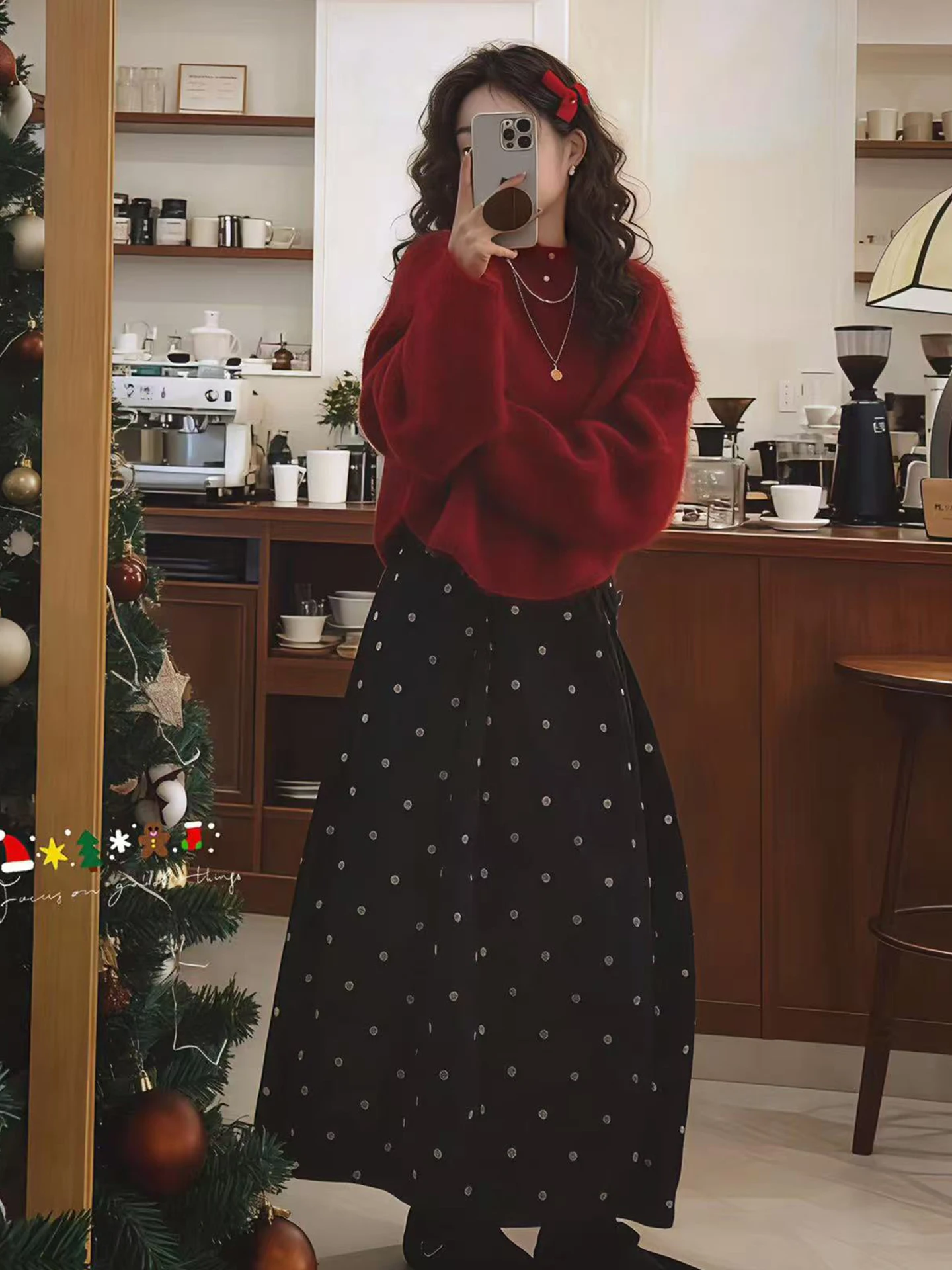 Conjunto de Falda y Suéter con Lunares Rojos para Mujer, Moda Primavera Otoño Invierno, Tejido Cálido, Cintura Alta, Corte Ajustado, Cuello Redondo, Traje de Dos Piezas