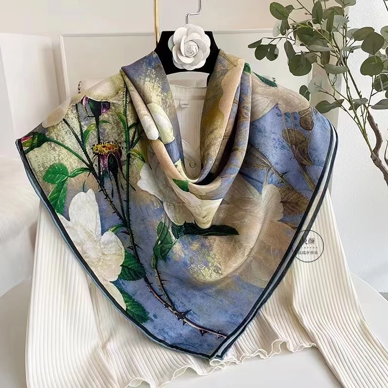 Chinese Rose 100% Silk Blue White Ladies\'s Scarves Dufanda Fall Winter Long Scarves Shawls Fashion Brand Silk Scarf Echarpes