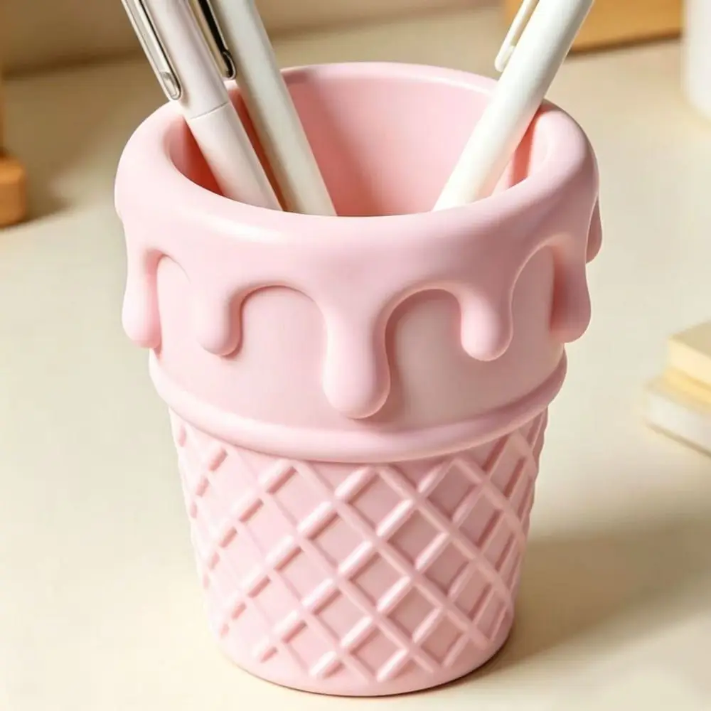 3D Printed Ice Cream Cone Pen Holder Cream Drip Shape Waffle Pattern Stationery Organizer Space Saving Decoration