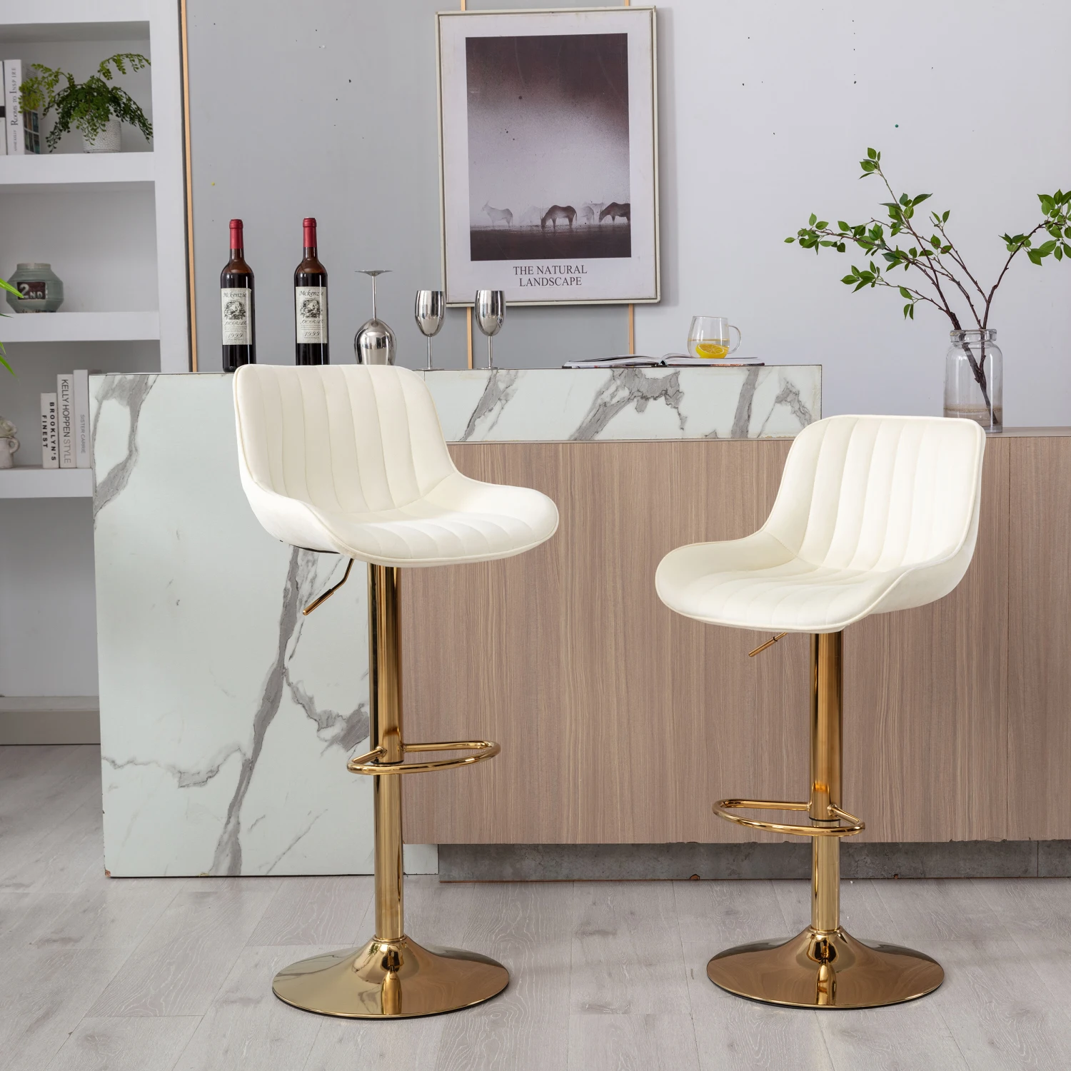 Chrome Footrest and Base Swivel Height Adjustable Mechanical Lifting Velvet + Golden Leg Simple Bar Stool,Set of 2,Ivory