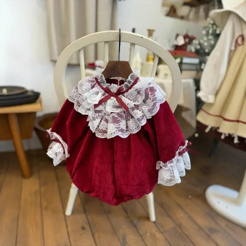 

Newborn Toddler Girls' Lolita Red Romper Infant Lace Splicing Ruffled Long Sleeve Cute Bodysuit Photography Romper