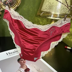 French Version Women New Diamond Satin Lace Panties Soft and Comfortable Silky Briefs Breathable Cotton Crotch Ladies Shorts