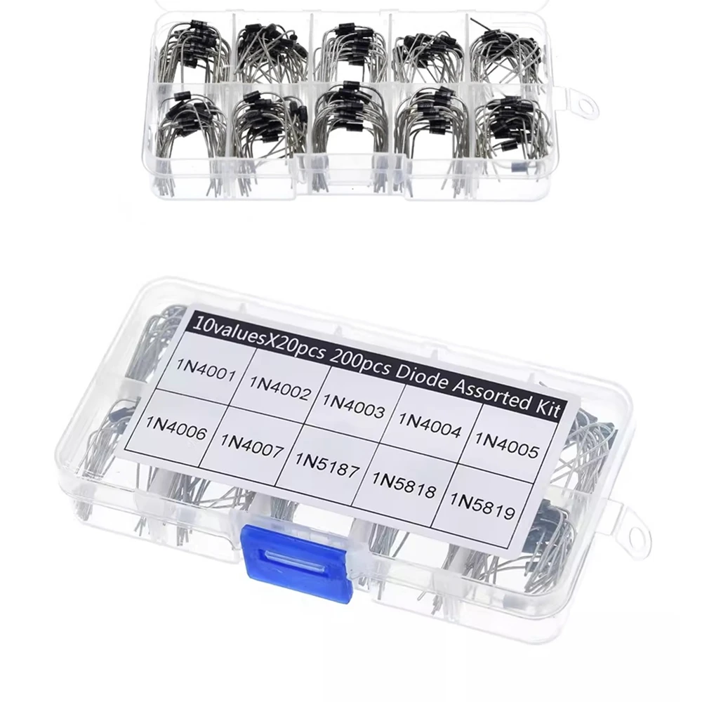 200Pcs/box 10 Values Rectifier Diode Assorted Kit 1N4001 1N4002 1N4003 1N4004 1N4005 1N4006 1N4007 1N5817 1N5818 1N5819 Diy